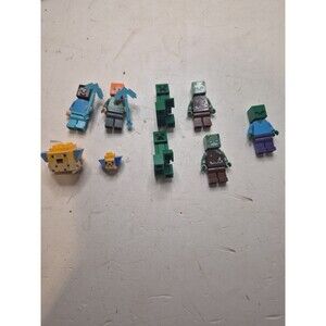 Lot Of 9 Lego Minecraft Minifigures Steve Alex Drowned Creeper Pufferfish Zombie